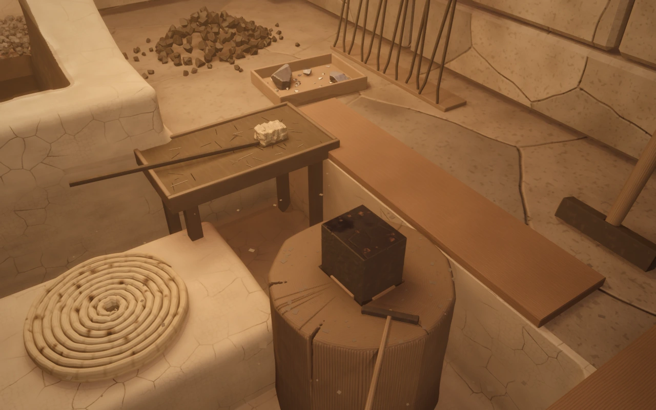 The anvil: a small square kanatoko set in a wooden stump beside the hearth pit, a low tray with a wrapped billet, tongs racked against the wall behind.