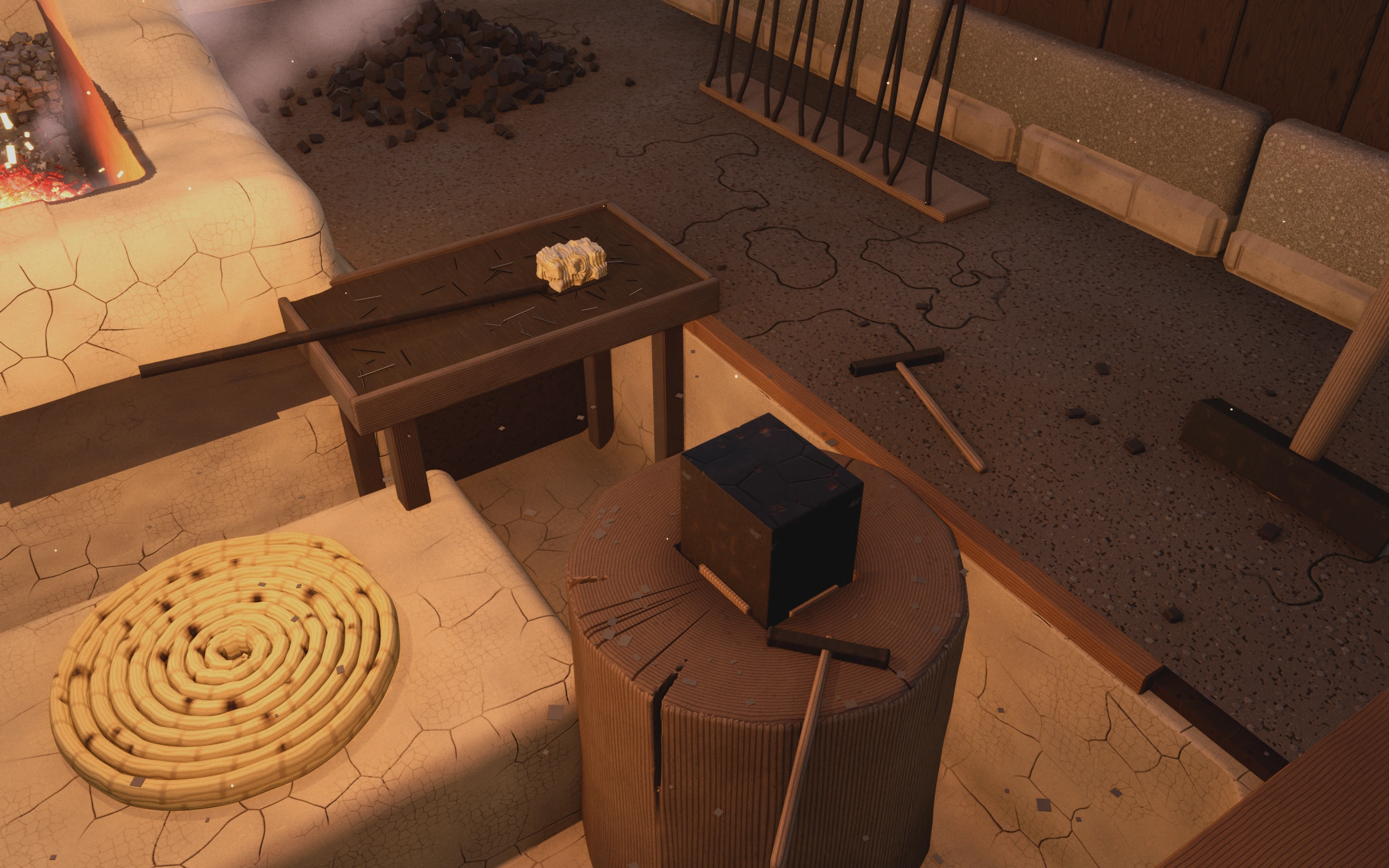 The anvil: a small square kanatoko set in a wooden stump beside the glowing hodo, a low tray with a wrapped billet, smoke drifting over the charcoal heap and tongs racked against the wall behind.