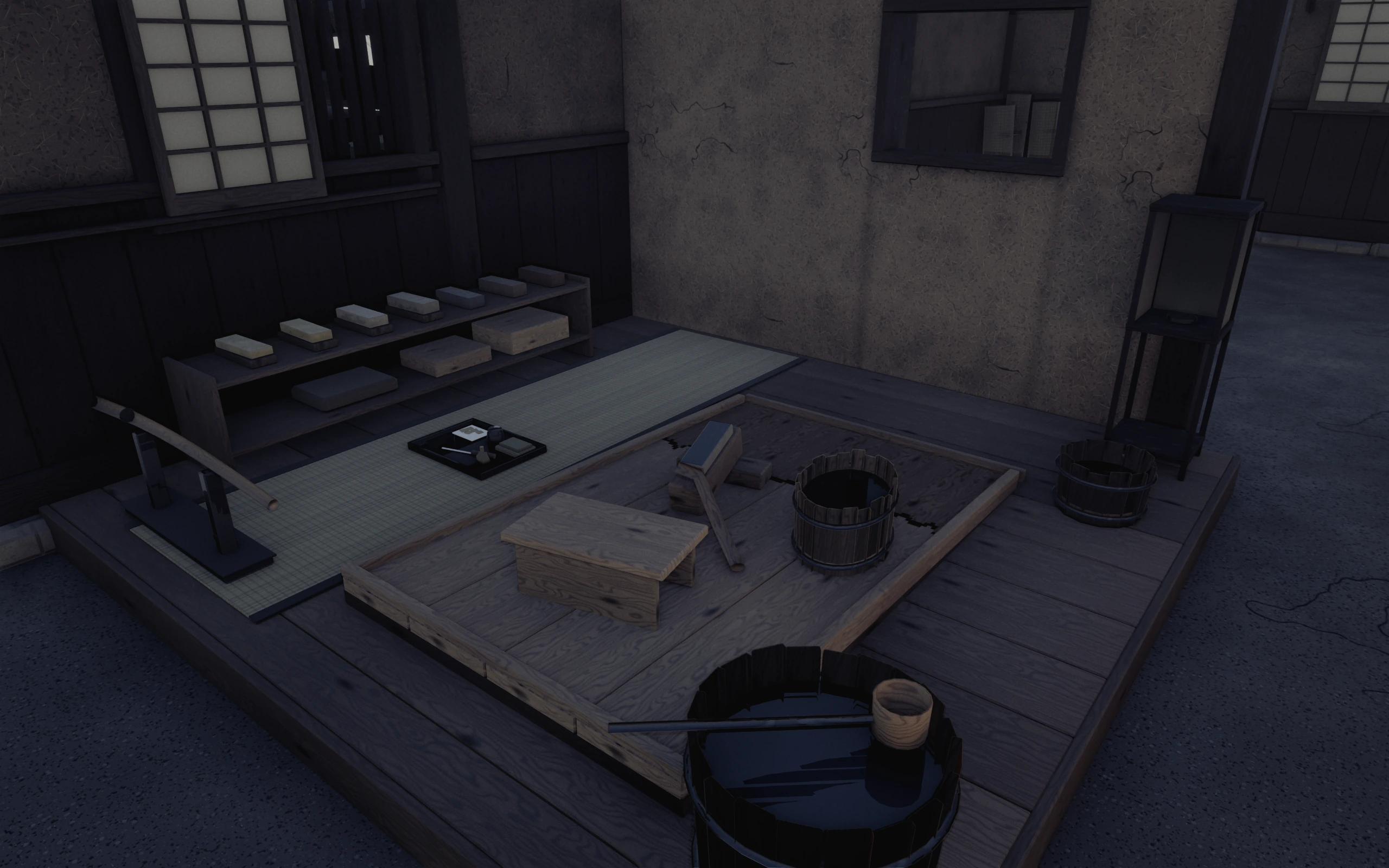 The polisher's corner in cool window light: a row of whetstones on a low shelf under a lattice window, a tatami strip, a low stand, a tilted stone board and water tubs.