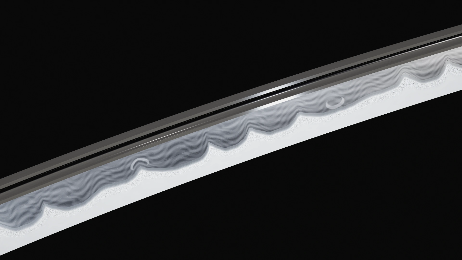 Close-up of the blade: a wavy white temper line runs along the steel, with small crescent shapes inside it.