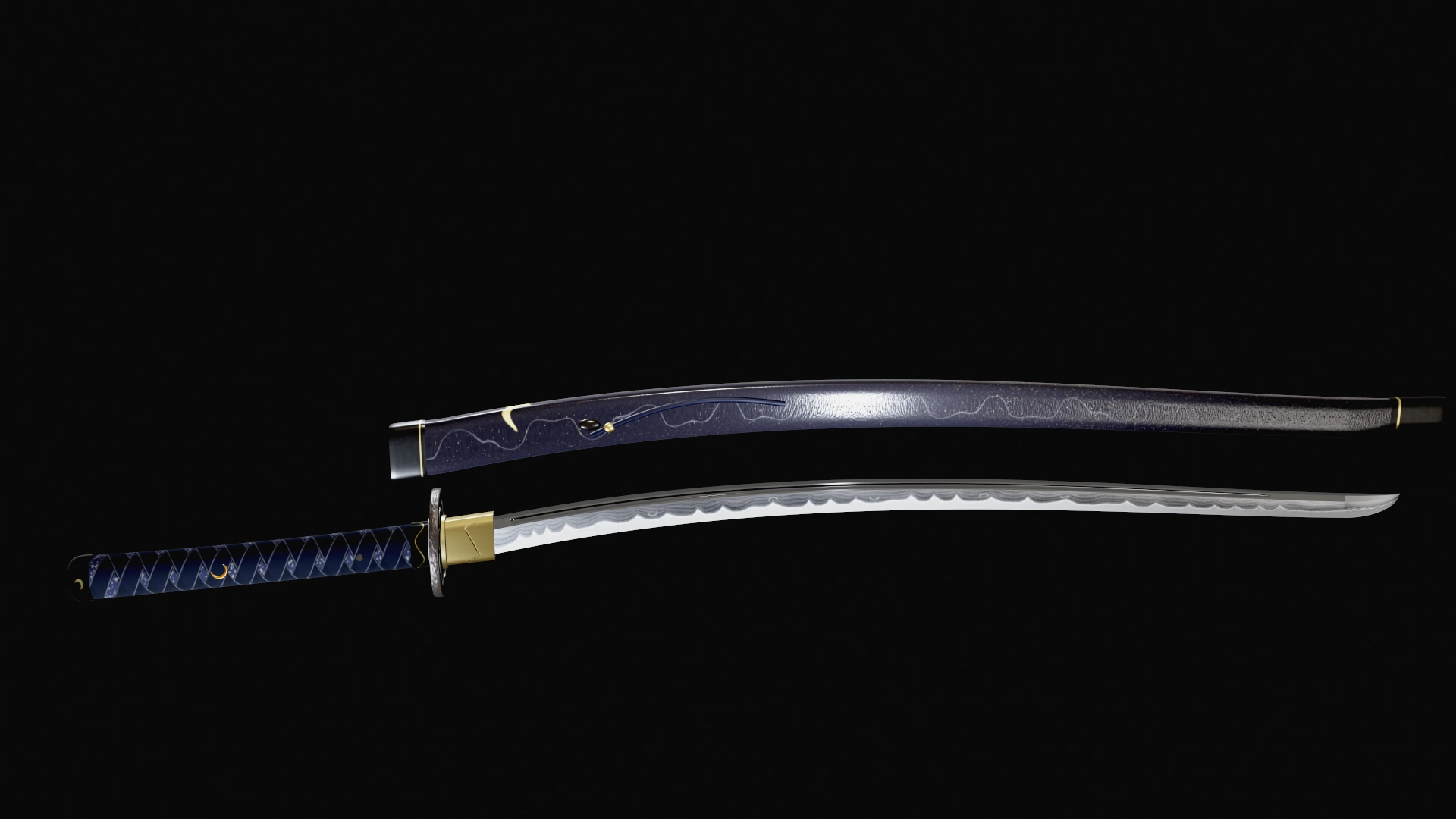 A reverse-edge katana and its dark indigo scabbard lie on black, lit by one warm light from above. The temper line glows along the blade.