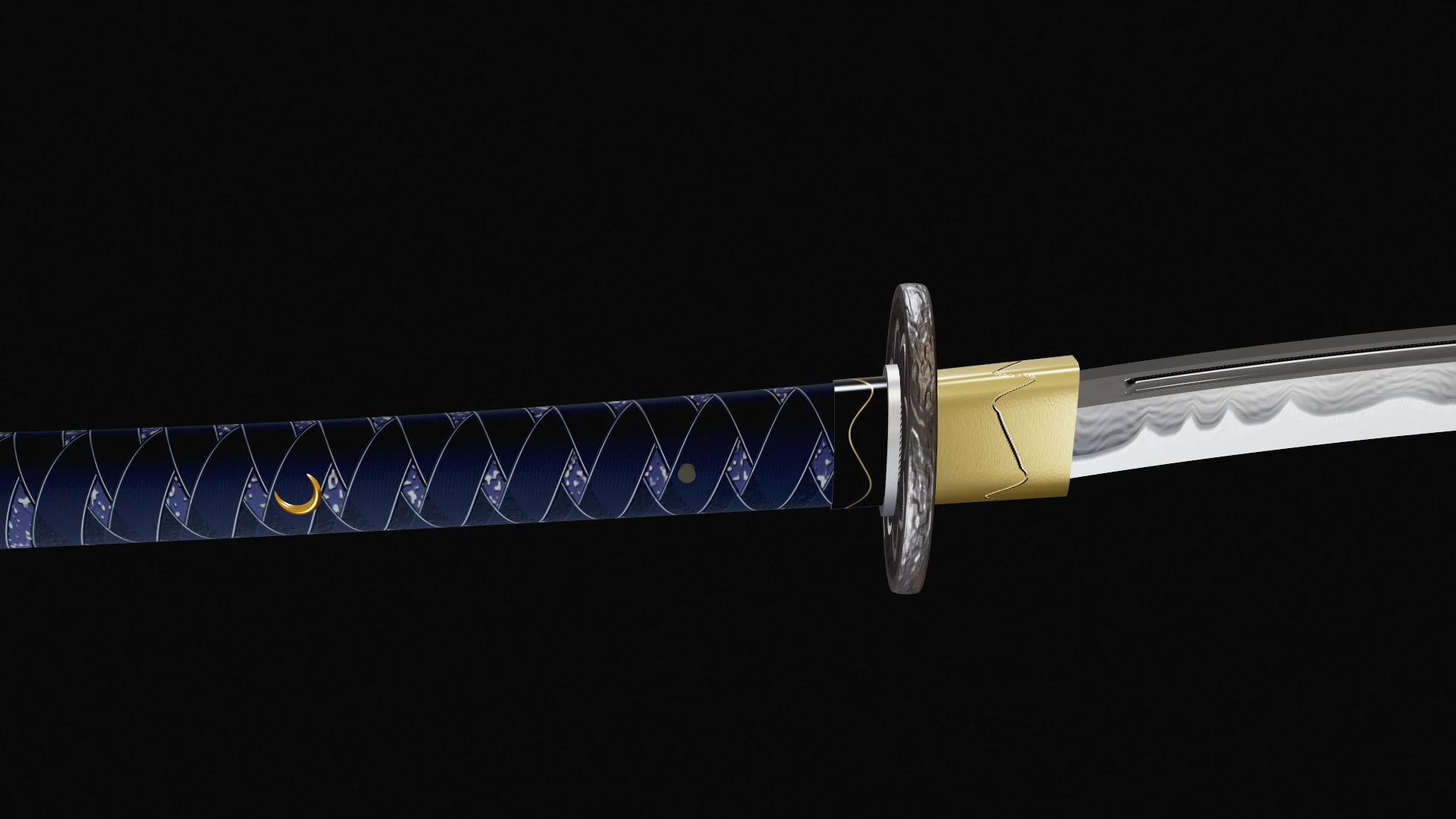 The hilt: indigo silk wrap with a small gold crescent, a dark iron guard, and a brass collar where the blade begins.