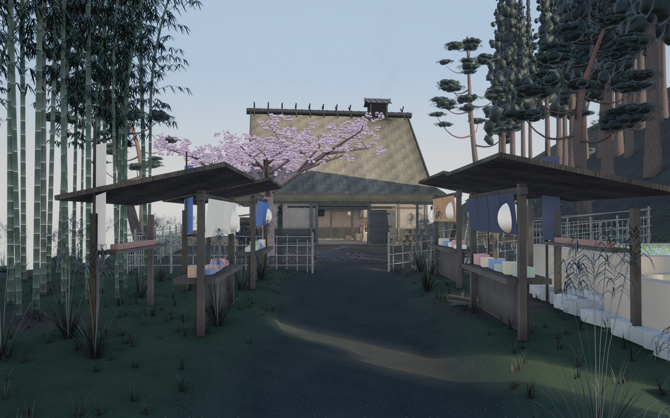 The village road below the forge: a few wooden stalls with indigo and persimmon-brown noren and paper lanterns, rice paddies beside the road, the thatched forge at the top.