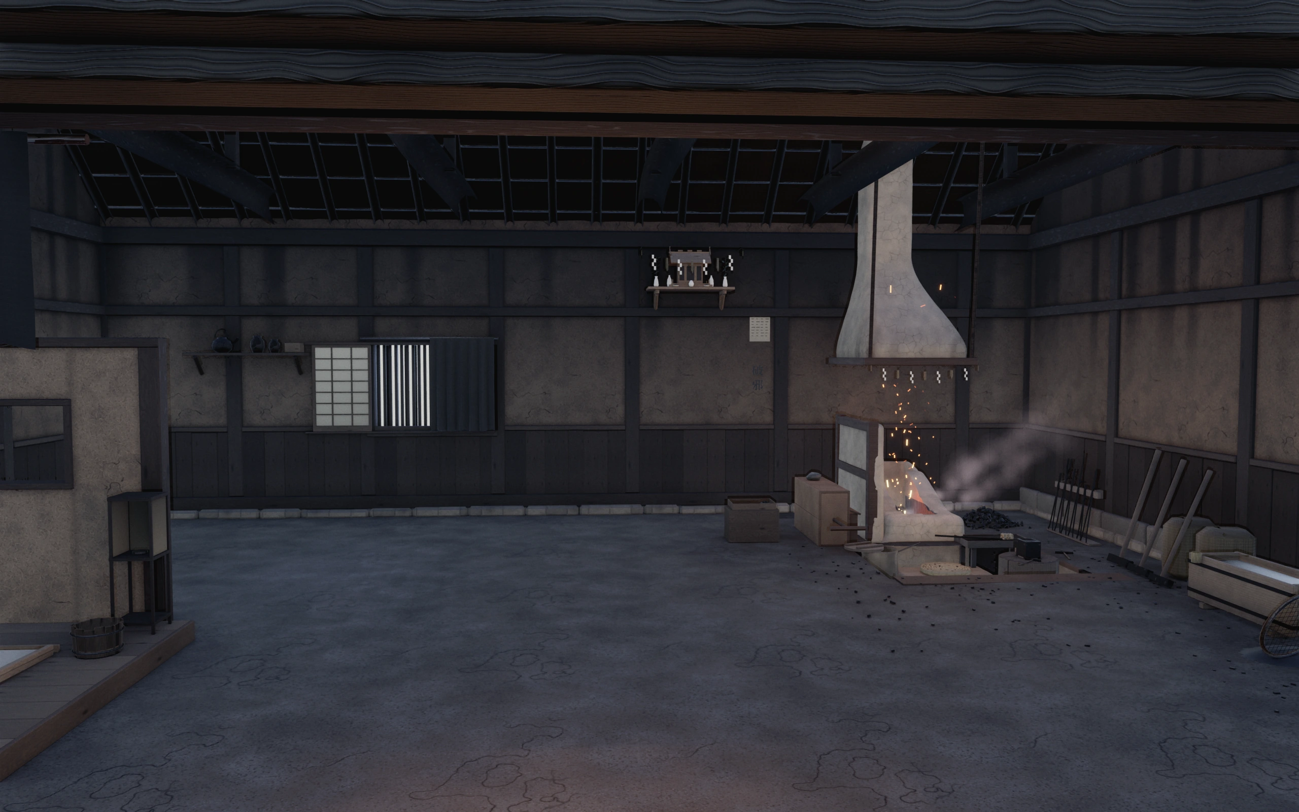 The threshold: daylight on the step, the hearth glowing at the far side of the room.