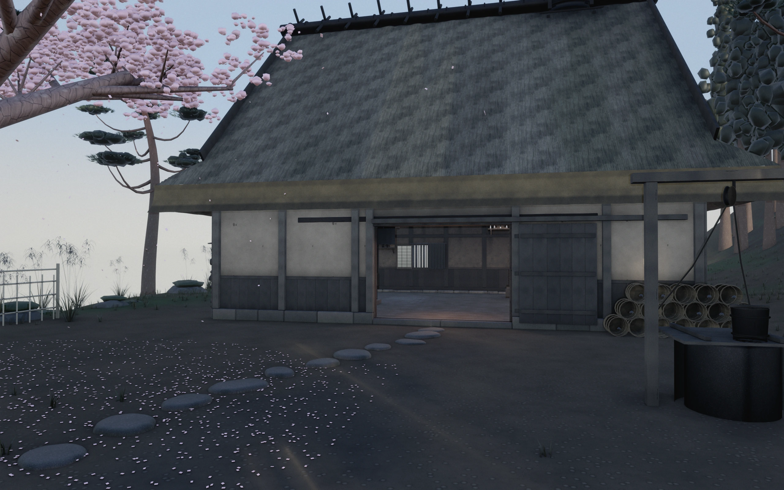 The front of the forge from the work yard: heavy thatch, timber walls, stacked charcoal bales, a single cherry tree in season, firelight inside the open door.